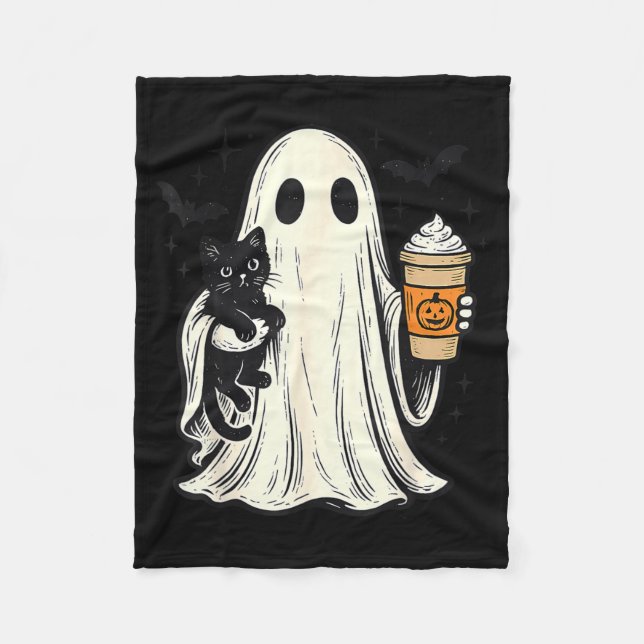 Söt Halloween-ghost som håller svart katt Höstkaff Fleecefilt (Framsidan)