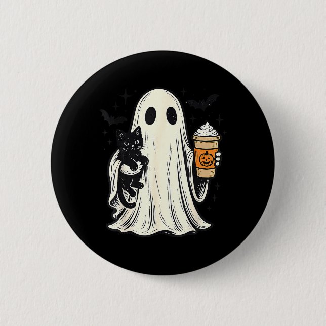 Söt Halloween-ghost som håller svart katt Höstkaff Knapp (Framsida)