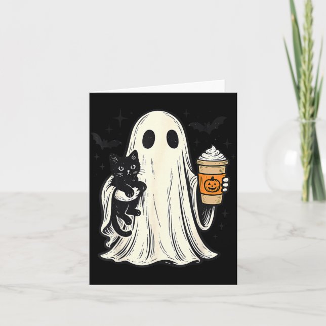 Söt Halloween-ghost som håller svart katt Höstkaff Kort (Framsida)