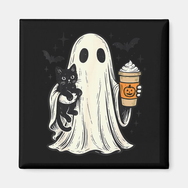 Söt Halloween-ghost som håller svart katt Höstkaff Magnet (Framsidan)