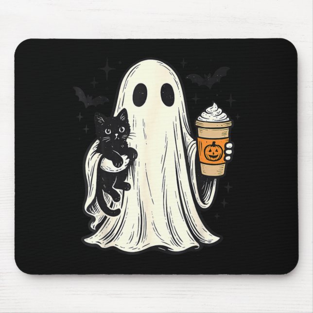 Söt Halloween-ghost som håller svart katt Höstkaff Musmatta (Framsidan)