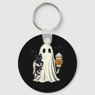 Söt Halloween-ghost som håller svart katt Höstkaff Nyckelring