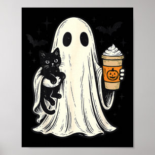 Söt Halloween-ghost som håller svart katt Höstkaff Poster