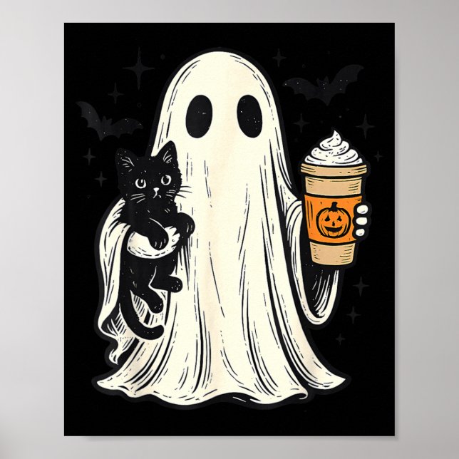 Söt Halloween-ghost som håller svart katt Höstkaff Poster (Framsidan)