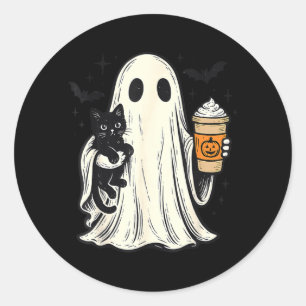 Söt Halloween-ghost som håller svart katt Höstkaff Runt Klistermärke