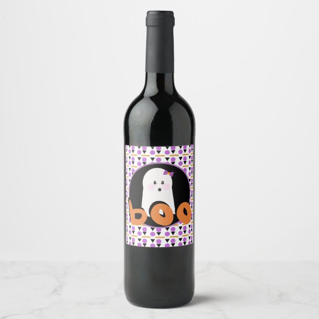 Söt Halloween-ghoul lila orange Vinflaska Etikett (Framsida)