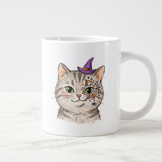 Söt Halloween Grå Tabby Katt Spindelnätsansiktsmål Jumbo Mugg