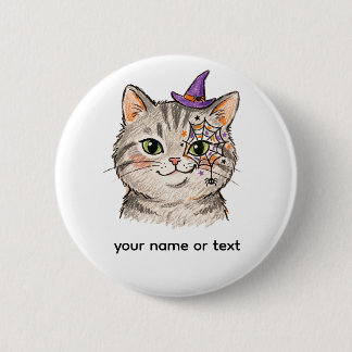 Söt Halloween Grå Tabby Katt Spindelnätsansiktsmål Knapp