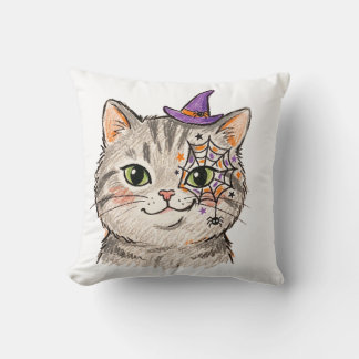 Söt Halloween Grå Tabby Katt Spindelnätsansiktsmål Kudde