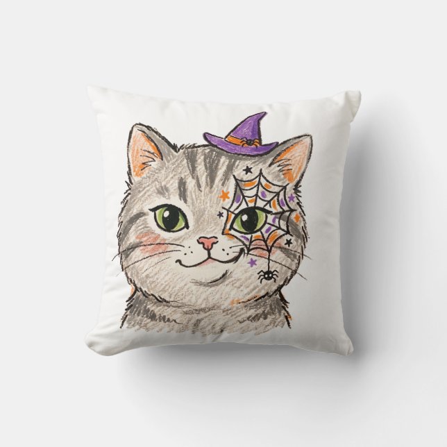 Söt Halloween Grå Tabby Katt Spindelnätsansiktsmål Kudde (Framsida)
