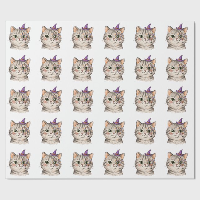 Söt Halloween Grå Tabby Katt Spindelnätsansiktsmål Presentpapper (Platt)