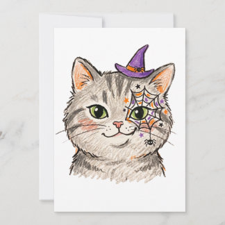 Söt Halloween Grå Tabby Katt Spindelnätsansiktsmål Spara Datumet