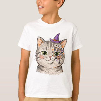 Söt Halloween Grå Tabby Katt Spindelnätsansiktsmål T Shirt