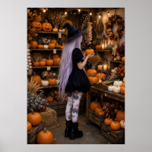 Söt Halloween-häxa flicka i pumpafält affisch