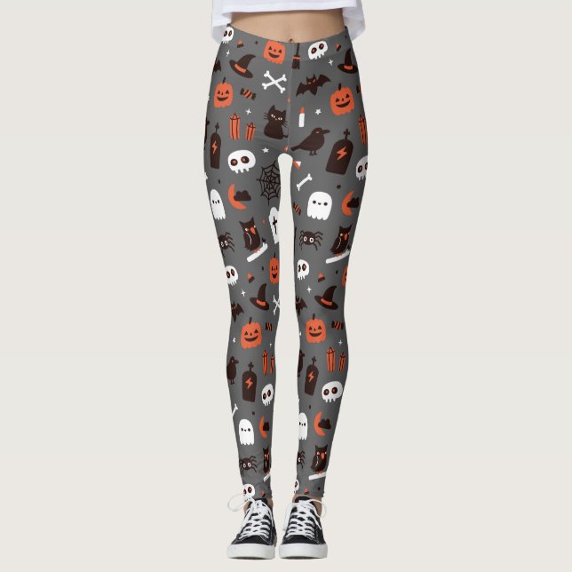 Söt Halloween-häxa Katt Spöke Pumpa Leggings (Framsida)