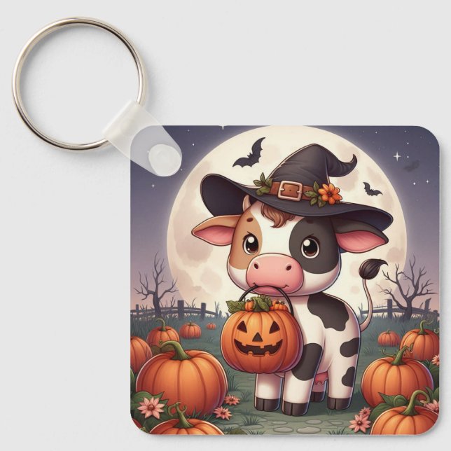 Söt Halloween-häxa ko Nyckelring (Framsida)
