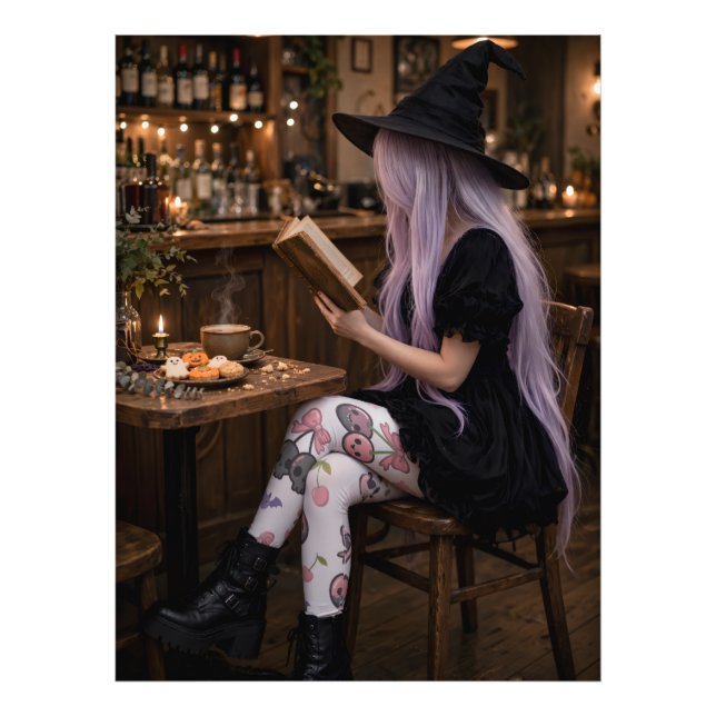 Söt Halloween-häxa Läsaffisch Mysig Konst Fototryck (Framsidan)