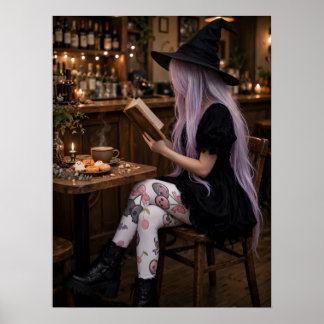 Söt Halloween-häxa läser affisch Mysig konst