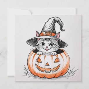 Söt Halloween-häxa litet kattunge och Jack O'Lante Julkort