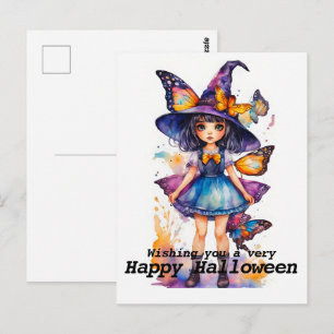 Söt Halloween-häxa och fjärilar Vykort