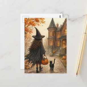 Söt Halloween-häxa och svart katt Vykort