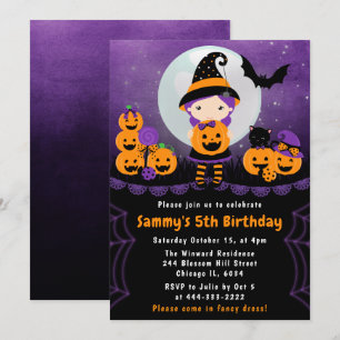 Söt Halloween häxa & pumpor födelsedagsfest Inbjudningar