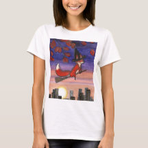 Söt Halloween-häxa Räv Flygande Kvast T-Shirt