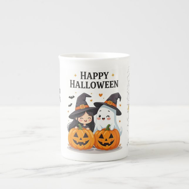 Söt Halloween-häxa & spökmuggdesign Benporslin Mugg (Framsidan)