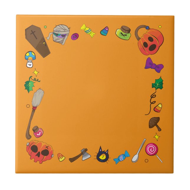 Söt Halloween-häxkvast orange Kakelplatta (Framsidan)