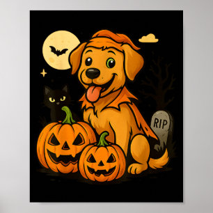 Söt Halloween-hund med pumpor och svart katt Poster
