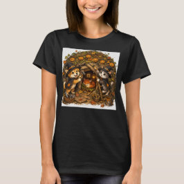 Söt Halloween hund och katt som reparerar en mysig T Shirt