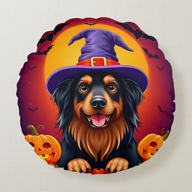 Söt halloween hund rund kudde (Framsidan)