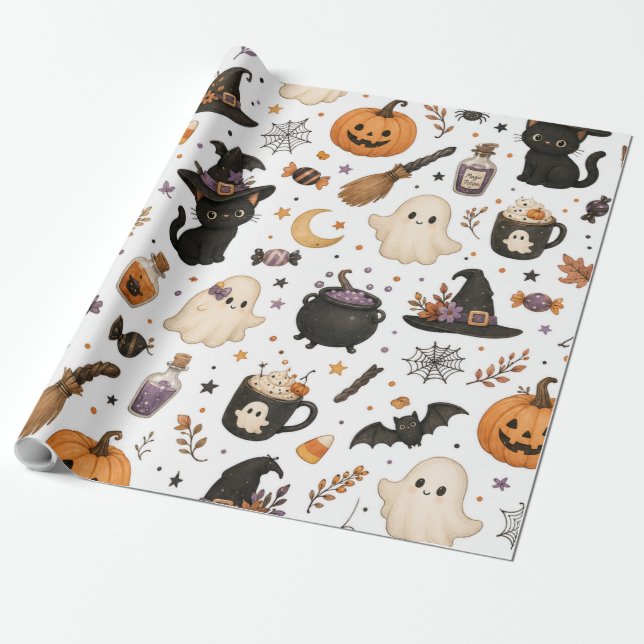 Söt Halloween-illustration med svarta katter i akv Presentpapper (Utrullad)