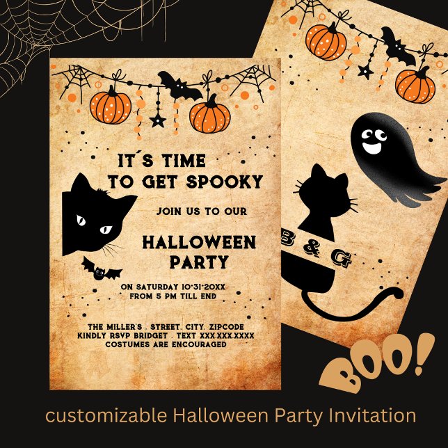 söt halloween-inbjudan till svart katt (cute customizable Halloween Party Invitation Hobinishop)