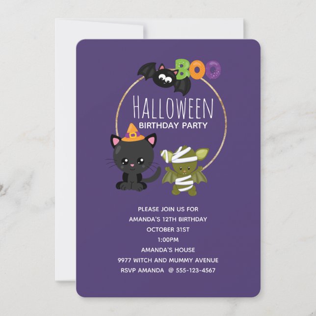 Söt Halloween-kat, fladdermus & Mummas födelsedag Inbjudningar (Framsida)