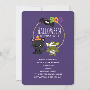 Söt Halloween-kat, fladdermus & Mummas födelsedag Inbjudningar