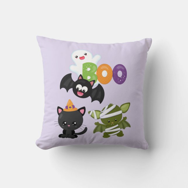 Söt Halloween-katt, fladdermus, mumie & spöke Kudde (Framsida)