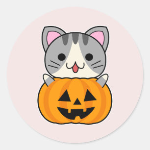 Söt Halloween-katt i Jack o Lantern Runt Klistermärke