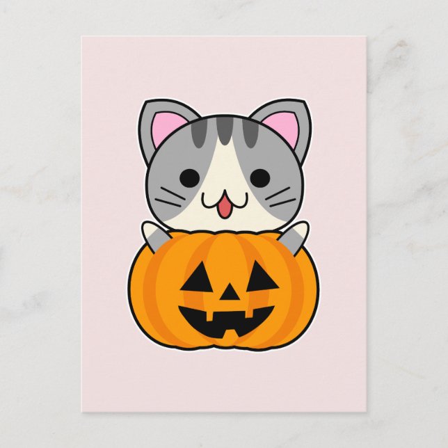 Söt Halloween-katt i Jack o Lantern Vykort (Framsida)