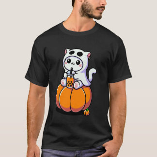 Söt Halloween-katt i spökdräkt dricker Boba T Shirt