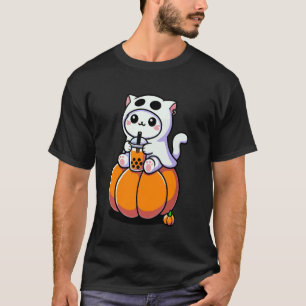 Söt Halloween-katt i spökdräkt som dricker Boba T Shirt