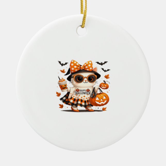 Söt Halloween-katt � Kawaii häxkitty med pumpa Julgransprydnad Keramik (Framsidan)