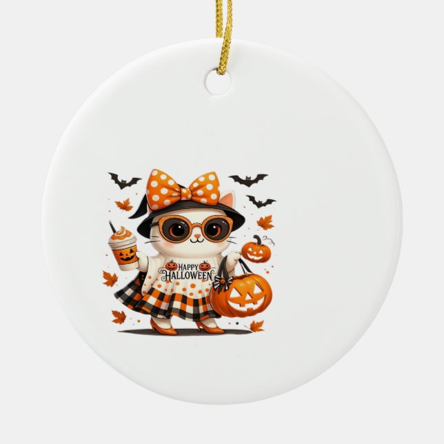 Söt Halloween-katt � Kawaii Witch Kitty med pumpa Julgransprydnad Keramik (Framsidan)