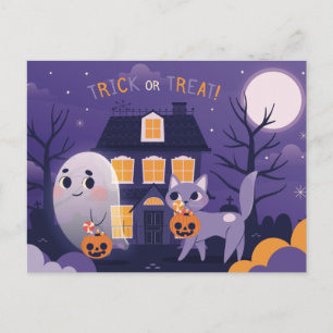 Söt Halloween-katt och ett spökpostkort Vykort