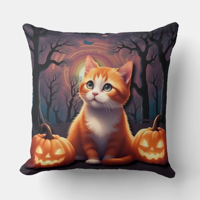 Söt Halloween-katt Orange och vit kattunge Kudde (Framsida)