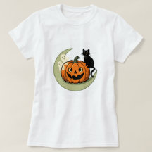 Söt Halloween-katt på kvinnlig T-shirt med pumpa