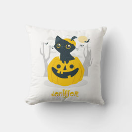 Söt Halloween-katt som reser sig ur pumpa fladderm Kudde