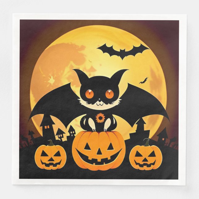 Söt Halloween-kattekaraktär med pumpor Pappersservett (Framsida)