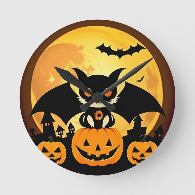 Söt Halloween-kattekaraktär med pumpor Rund Klocka (Framsida)