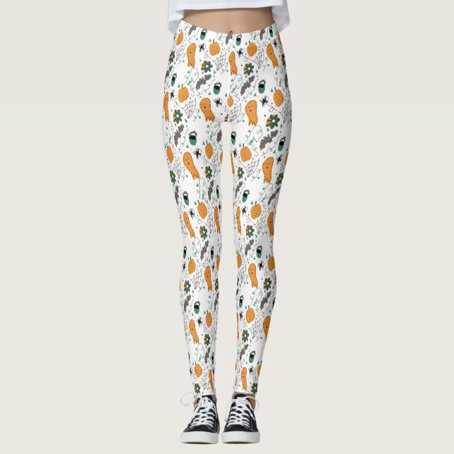 Söt Halloween-klotter Pumpa Spindel Spöke Leggings (Framsida)